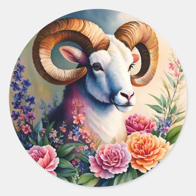 Ram Floral Animal Art Classic Round Sticker (Front)