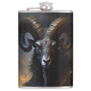 Ram Portrait Animal Nature Wildlife Dark Painting  Hip Flask