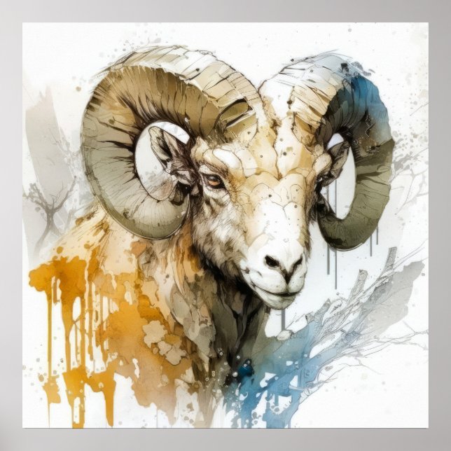 Ram Portrait Animal Painting Wildlife Outdoors Art Poster (Front)