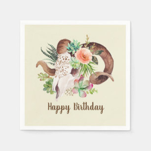 Ram Skull and Succulents Birthday Napkin