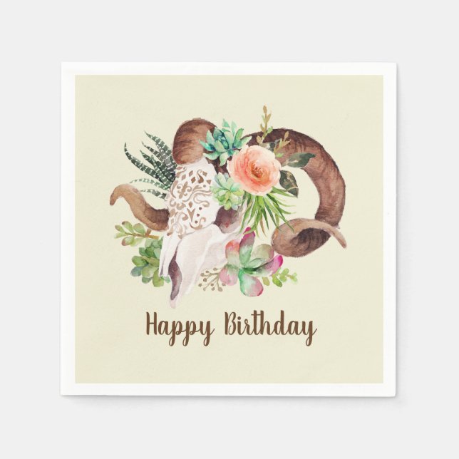 Ram Skull and Succulents Birthday Napkin (Front)