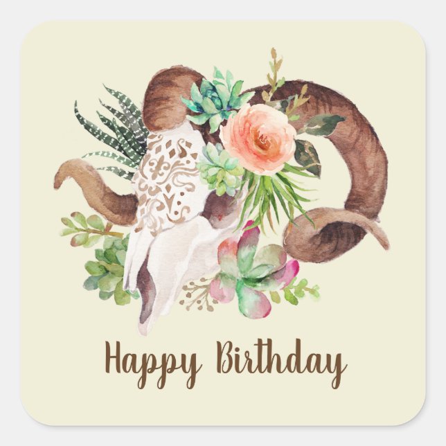 Ram Skull and Succulents Birthday Square Sticker (Front)