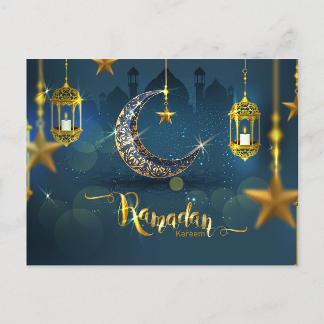 Ramadan Blue and Gold Moon Fanoos Postcard (Front)