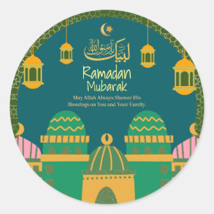 Ramadan  Eid Mubarak  Golden Calligraphy Green  Classic Round Sticker