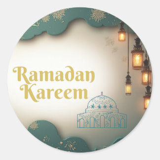 Ramadan Elegance Green & Gold Lanterns and Mosque Classic Round Sticker