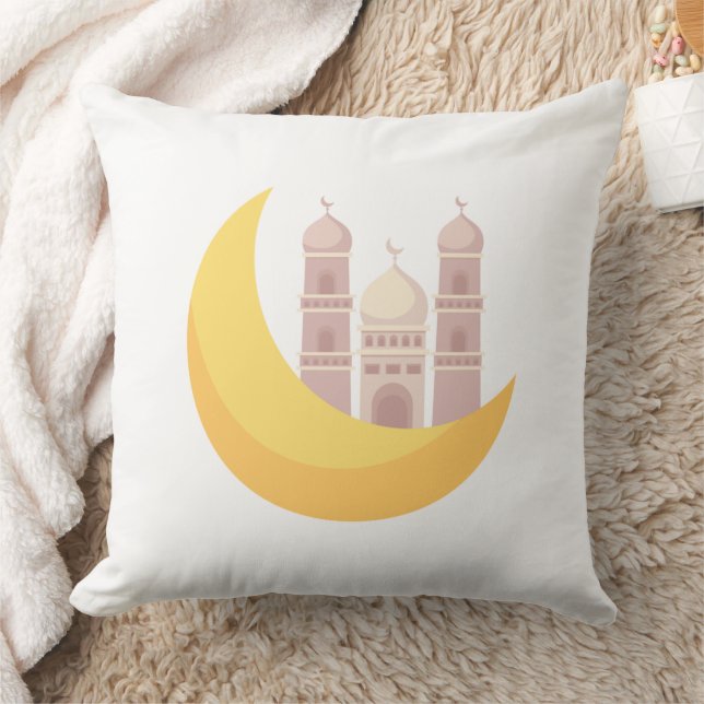 Ramadan Minimalist Mosque with Moon Throw Pillow (Blanket)