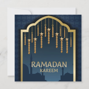 Ramadan Mubarak Gold Stars Masjid Silhouette Blue Holiday Card