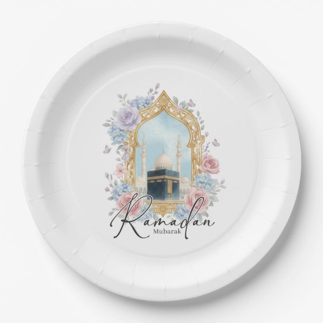 Ramadan Mubarak Kaaba Floral Islamic Party Decor Paper Plate (Front)