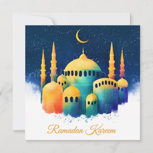 Ramadan Watercolor Mosque Crescent  Holiday Card (Front)
