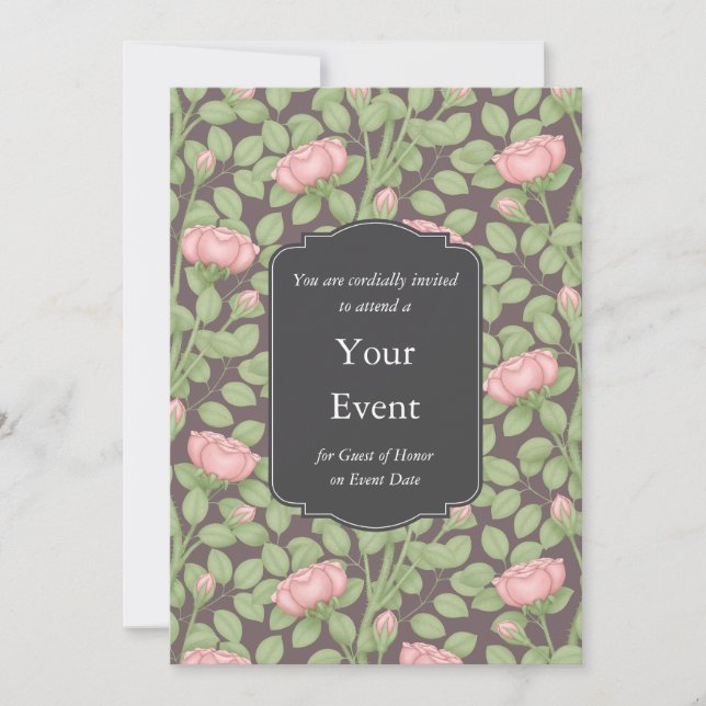 Rambling Pink Roses Personalised Dark Plum Invitation (Front)