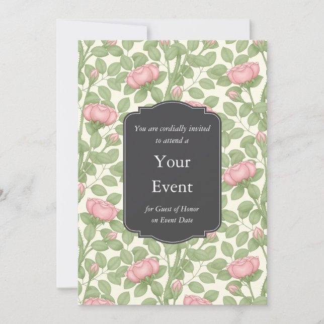 Rambling Pink Roses Personalised Ivory Invitation (Front)