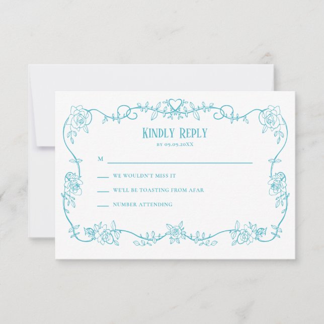 Rambling Rose Robin's Egg Blue Wedding Invitation, RSVP Card (Front)