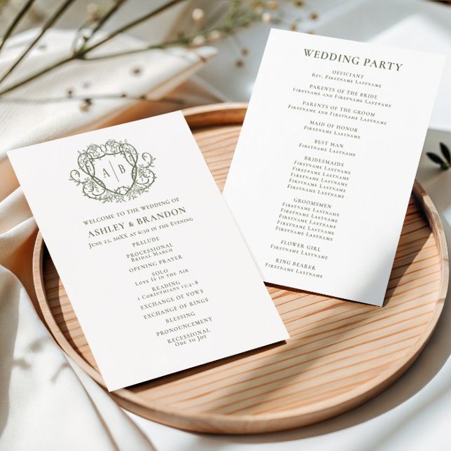 Rambling Rose Sage Crest Monogram Wedding Programme (Creator Uploaded)