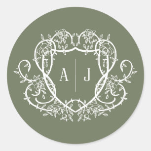 Rambling Rose Sage Monogram Crest Wedding Classic Round Sticker