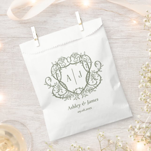 Rambling Rose Sage Monogram Crest Wedding Favour Bags (Clipped)