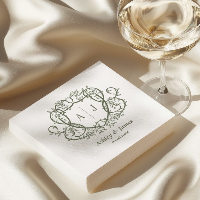Rambling Rose Sage Monogram Crest Wedding Napkin (Creator Uploaded)