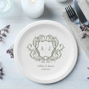 Rambling Rose Sage Monogram Crest Wedding Paper Plate