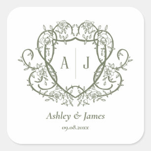 Rambling Rose Sage Monogram Crest Wedding Square Sticker