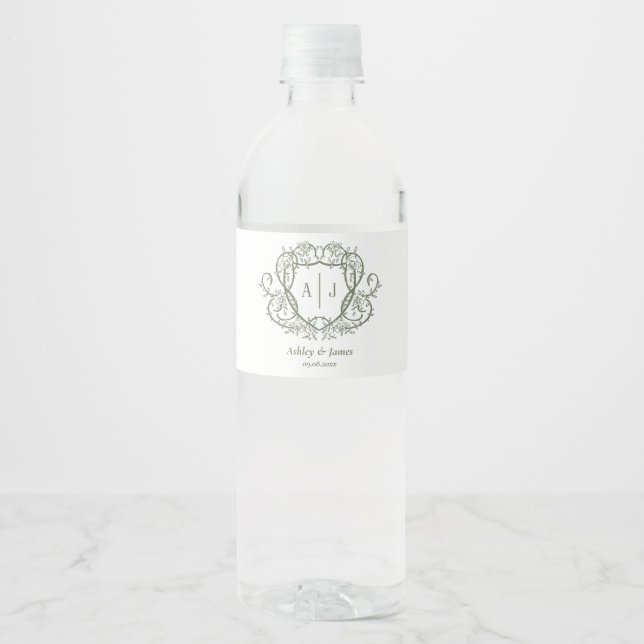 Rambling Rose Sage Monogram Crest Wedding Water Bottle Label (Front)