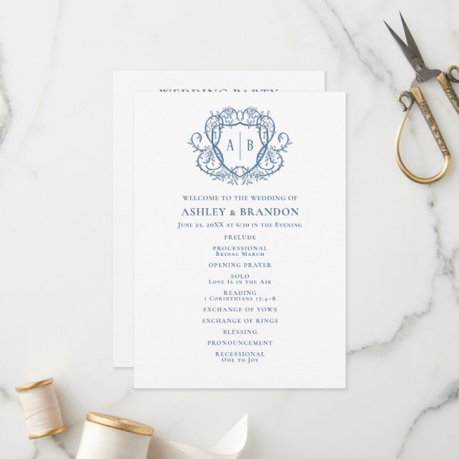 Rambling Rose Steel Blue Crest Monogram Wedding Programme (Front/Back In Situ)