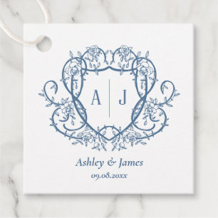 Rambling Rose Steel Blue Monogram Crest Wedding Favour Tags