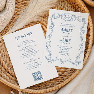 Rambling Rose Steel Blue Monogram Crest Wedding Invitation