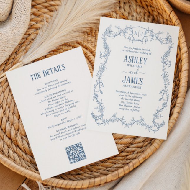 Rambling Rose Steel Blue Monogram Crest Wedding Invitation (Creator Uploaded)