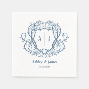 Rambling Rose Steel Blue Monogram Crest Wedding Napkin