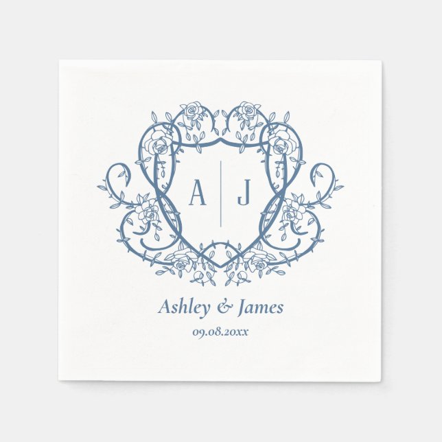 Rambling Rose Steel Blue Monogram Crest Wedding Napkin (Front)