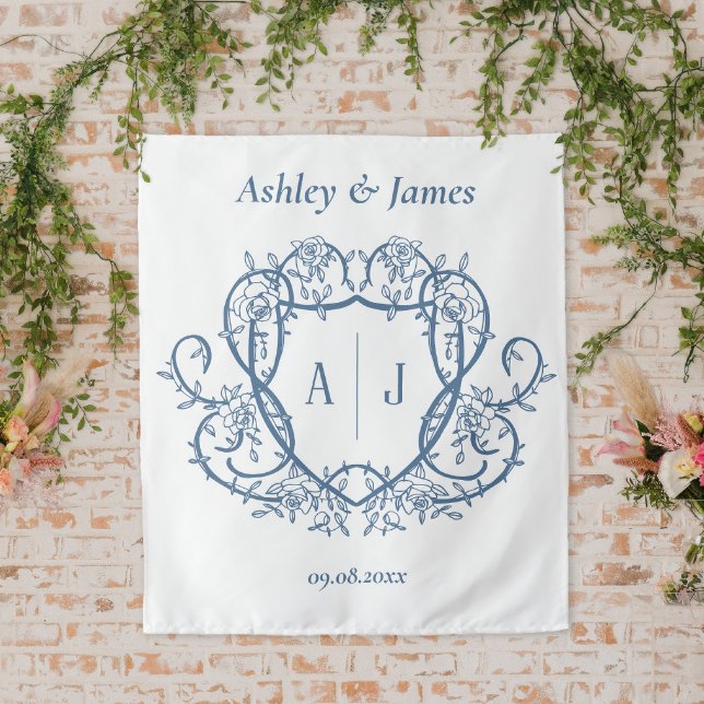 Rambling Rose Steel Blue Monogram Crest Wedding Tapestry (Creator Uploaded)