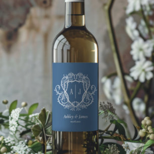 Rambling Rose Steel Blue Monogram Crest Wedding Wine Label