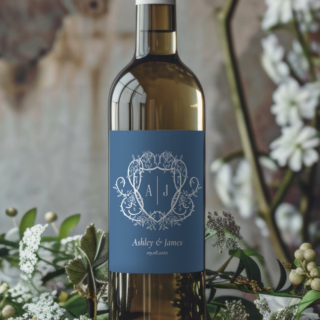 Rambling Rose Steel Blue Monogram Crest Wedding Wine Label (Creator Uploaded)