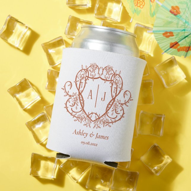 Rambling Rose Terracotta Monogram Crest Wedding Can Cooler (In Situ Summer)