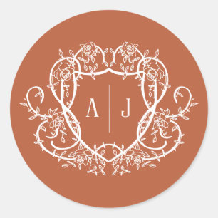 Rambling Rose Terracotta Monogram Crest Wedding Classic Round Sticker