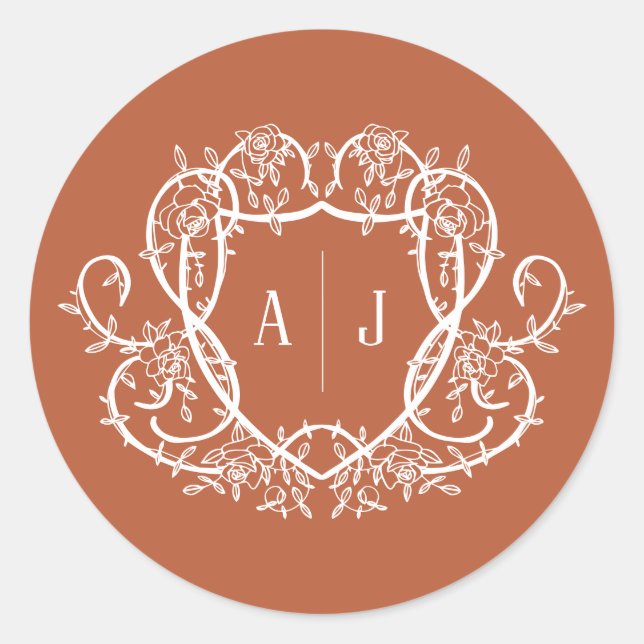 Rambling Rose Terracotta Monogram Crest Wedding Classic Round Sticker (Front)