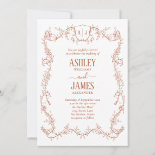 Rambling Rose Terracotta Monogram Crest Wedding Invitation