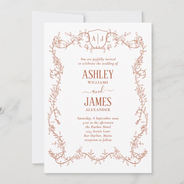Rambling Rose Terracotta Monogram Crest Wedding Invitation (Front)
