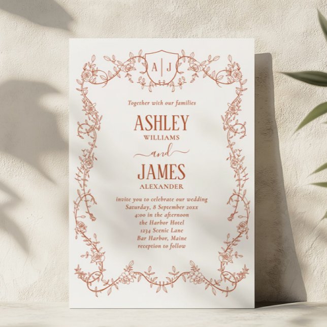 Rambling Rose Terracotta Monogram Crest Wedding Invitation (Creator Uploaded)