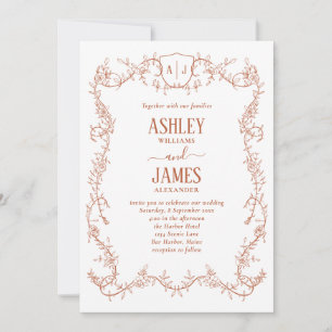 Rambling Rose Terracotta Monogram Crest Wedding Invitation