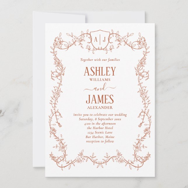 Rambling Rose Terracotta Monogram Crest Wedding Invitation (Front)