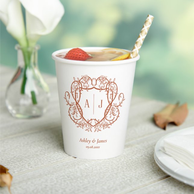 Rambling Rose Terracotta Monogram Crest Wedding Paper Cups (Insitu)
