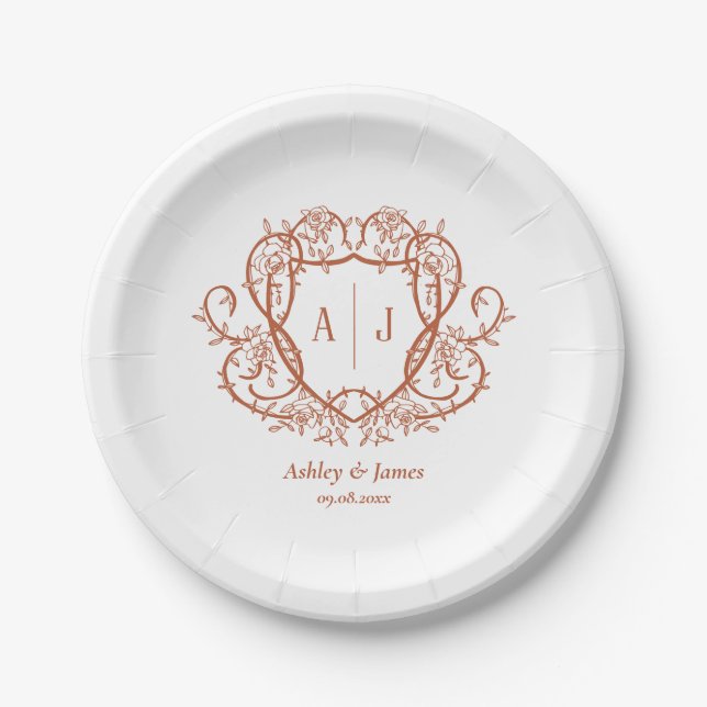 Rambling Rose Terracotta Monogram Crest Wedding Paper Plate (Front)