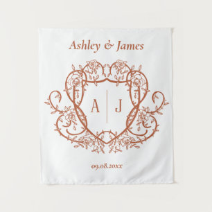 Rambling Rose Terracotta Monogram Crest Wedding Tapestry