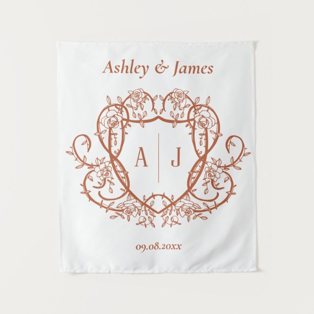 Rambling Rose Terracotta Monogram Crest Wedding Tapestry (Front)