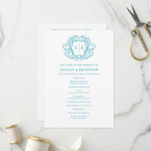 Rambling Rose Turquoise Crest Monogram Wedding Programme