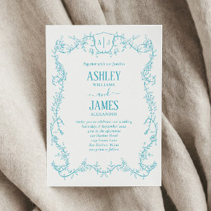 Rambling Rose Turquoise Monogram Crest Wedding Invitation