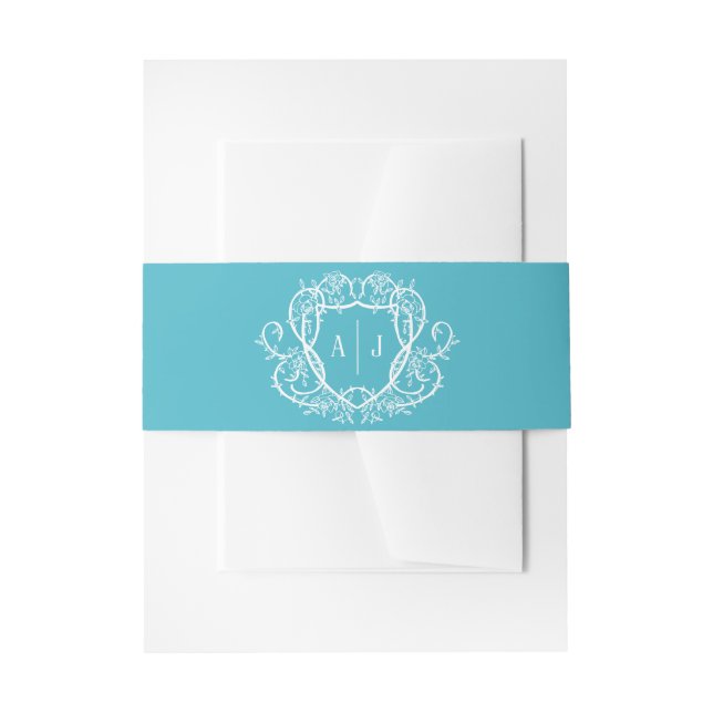 Rambling Rose Turquoise Monogram Crest Wedding Invitation Belly Band (Front Example)
