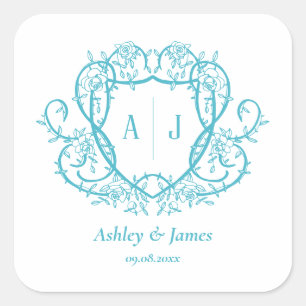 Rambling Rose Turquoise Monogram Crest Wedding Square Sticker