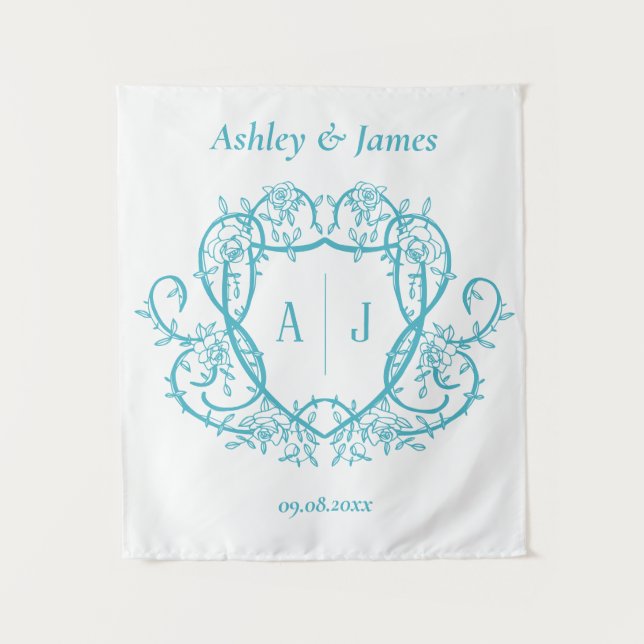 Rambling Rose Turquoise Monogram Crest Wedding Tapestry (Front)