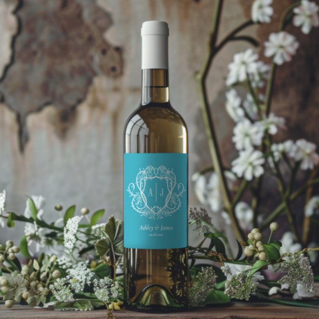Rambling Rose Turquoise Monogram Crest Wedding Wine Label (Creator Uploaded)